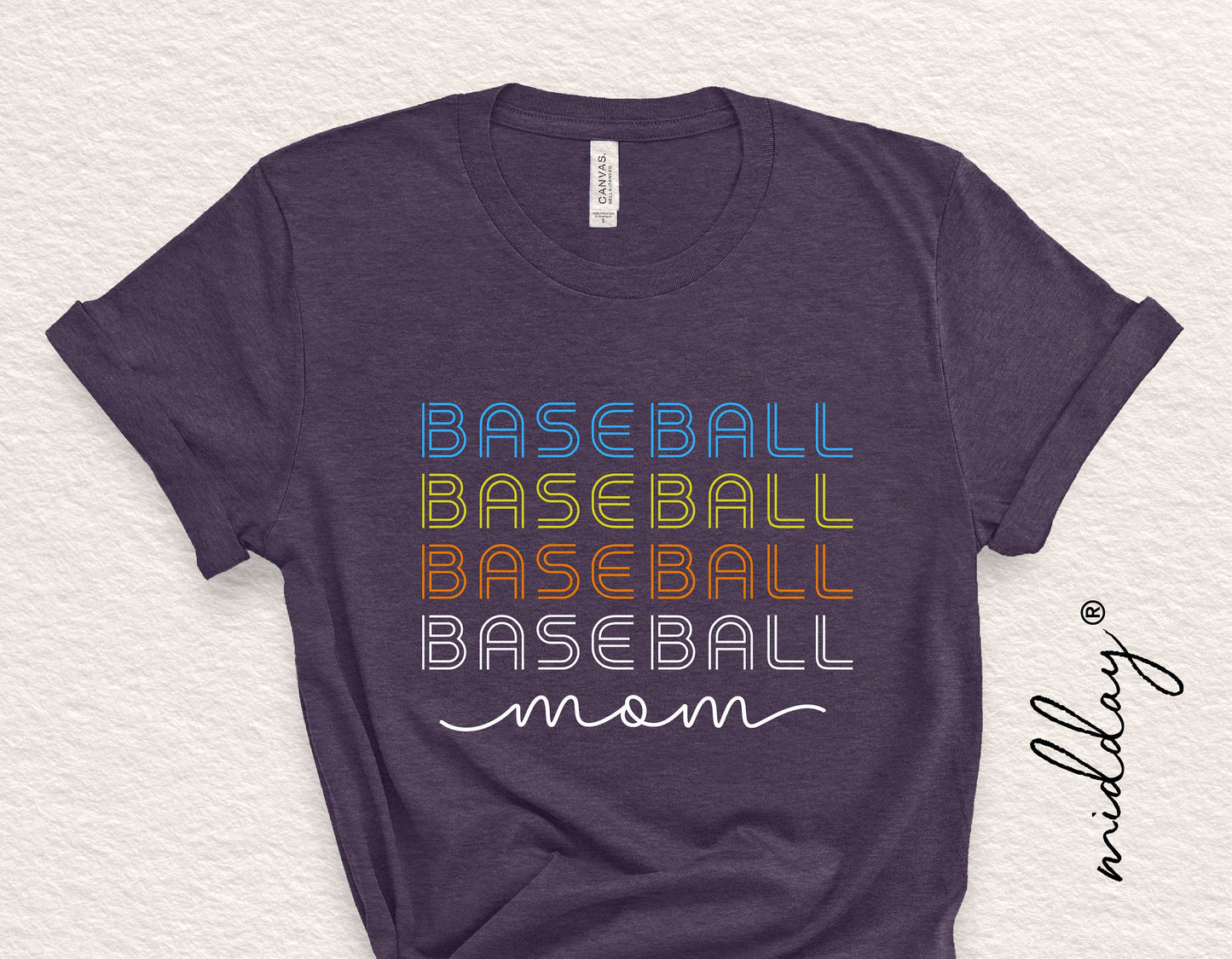 Vintage style 'Baseball Mom' t-shirt design in multicolored text, ideal for Cricut and Silhouette projects, available in SVG, PNG, DXF, EPS formats.