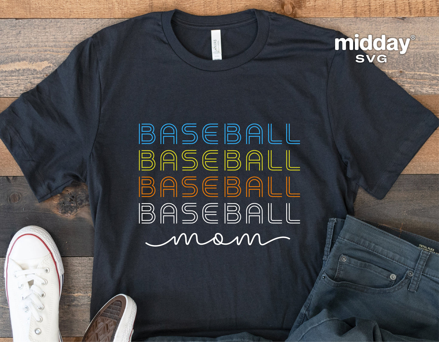 Black t-shirt with 'Baseball Mom' design in colorful text, perfect for Cricut and Silhouette. Includes SVG, PNG, DXF, EPS formats.