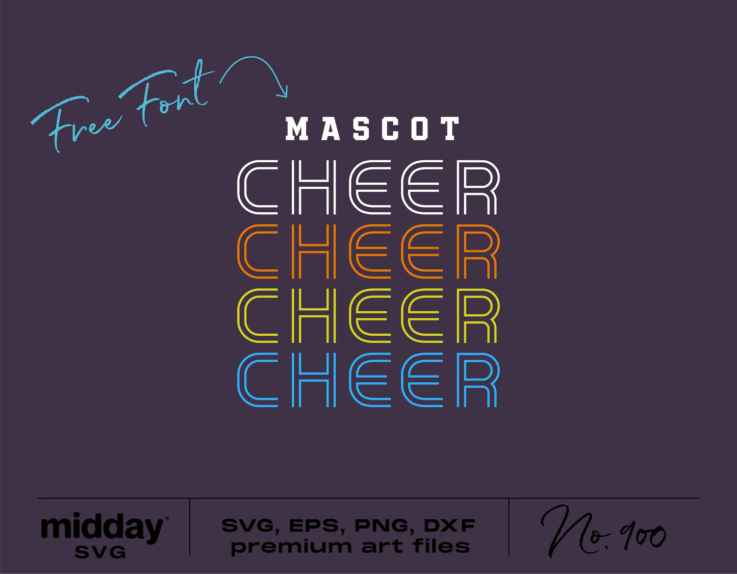 Retro Cheer SVG design with colorful text, featuring free font and available in SVG, EPS, PNG, DXF formats for Cricut and Silhouette projects.