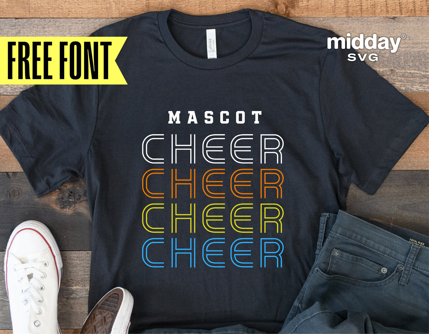 Retro Cheer Mom SVG design on t-shirt with bold text, perfect Cricut cut file for cheerleader apparel crafting.