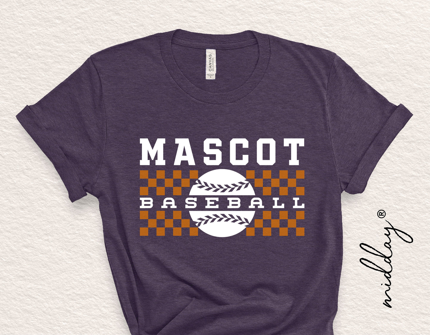 Customizable baseball team shirt with checkered design and "Mascot Baseball" text, compatible with Cricut and Silhouette.