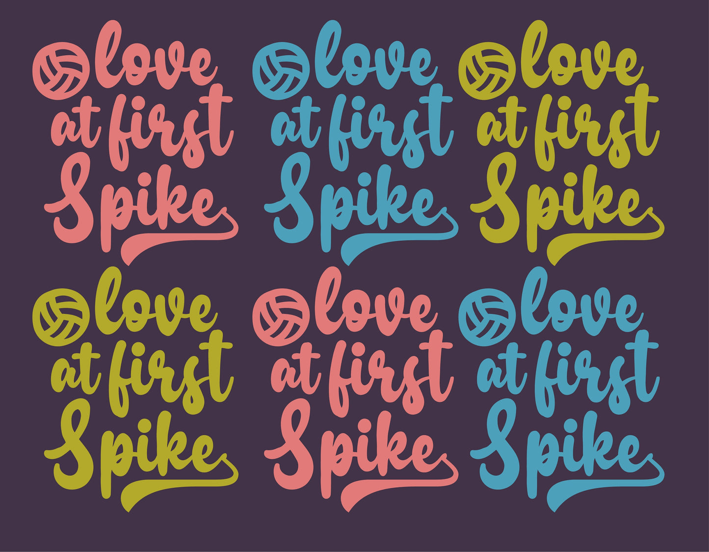 Colorful 'Love at First Spike' volleyball SVG design in pink, blue, and yellow, perfect for Cricut and Silhouette projects.