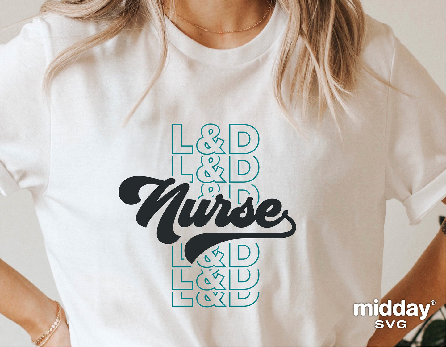 Woman wearing a white shirt with "L&D Nurse" design in teal and black, ideal for labor and delivery nurse appreciation, digital download available.
