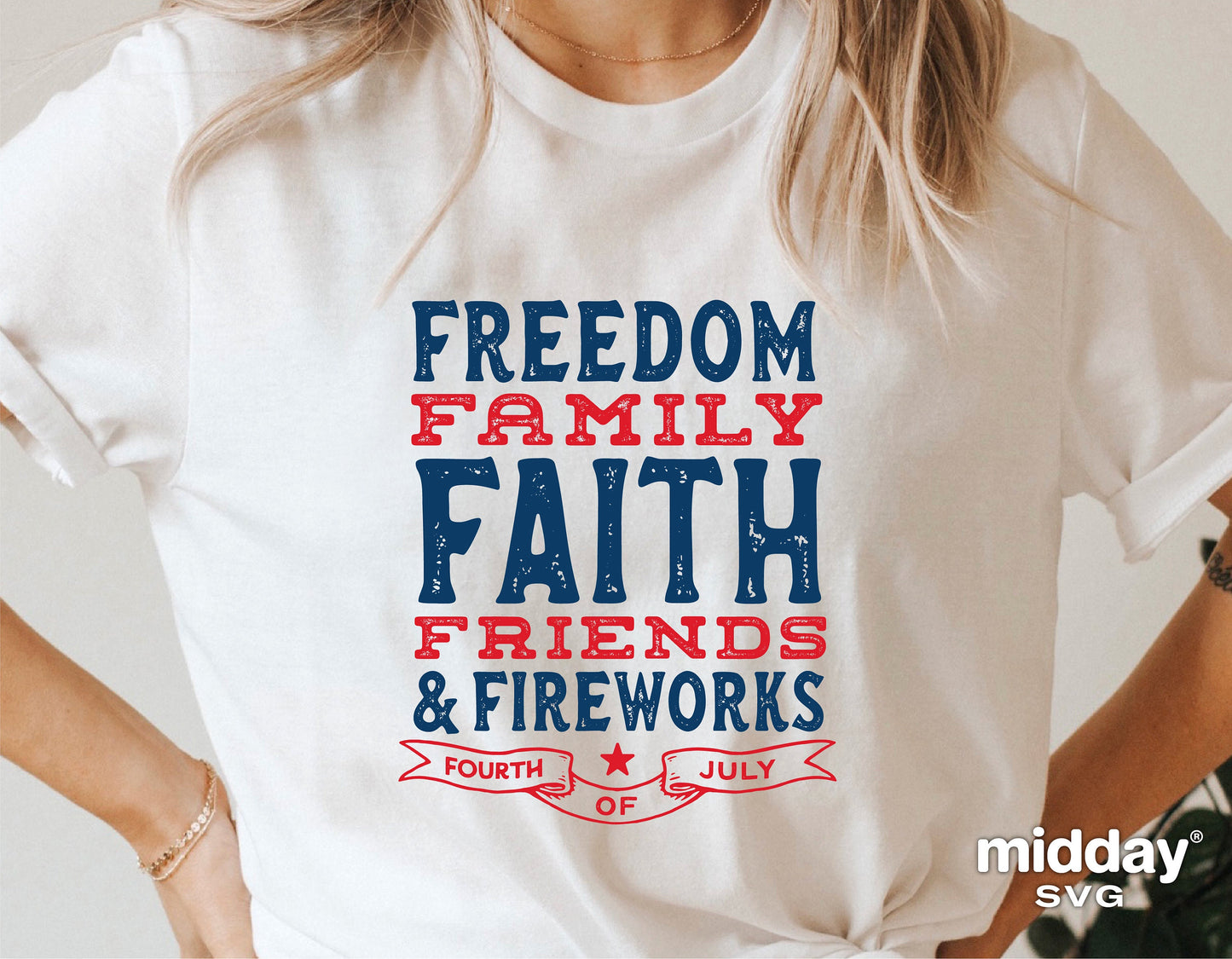 Woman wearing 4th of July themed T-shirt with "Freedom, Family, Faith, Friends & Fireworks" text, ideal for Independence Day celebrations.