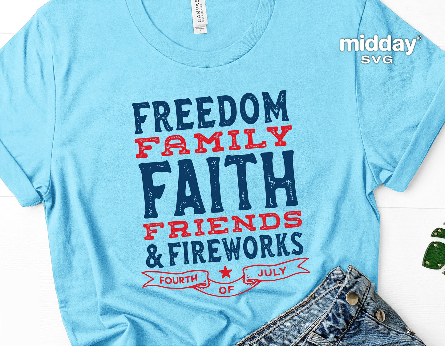 Blue t-shirt with 'Freedom Family Faith Friends & Fireworks' design for 4th of July celebration in patriotic red and blue colors.