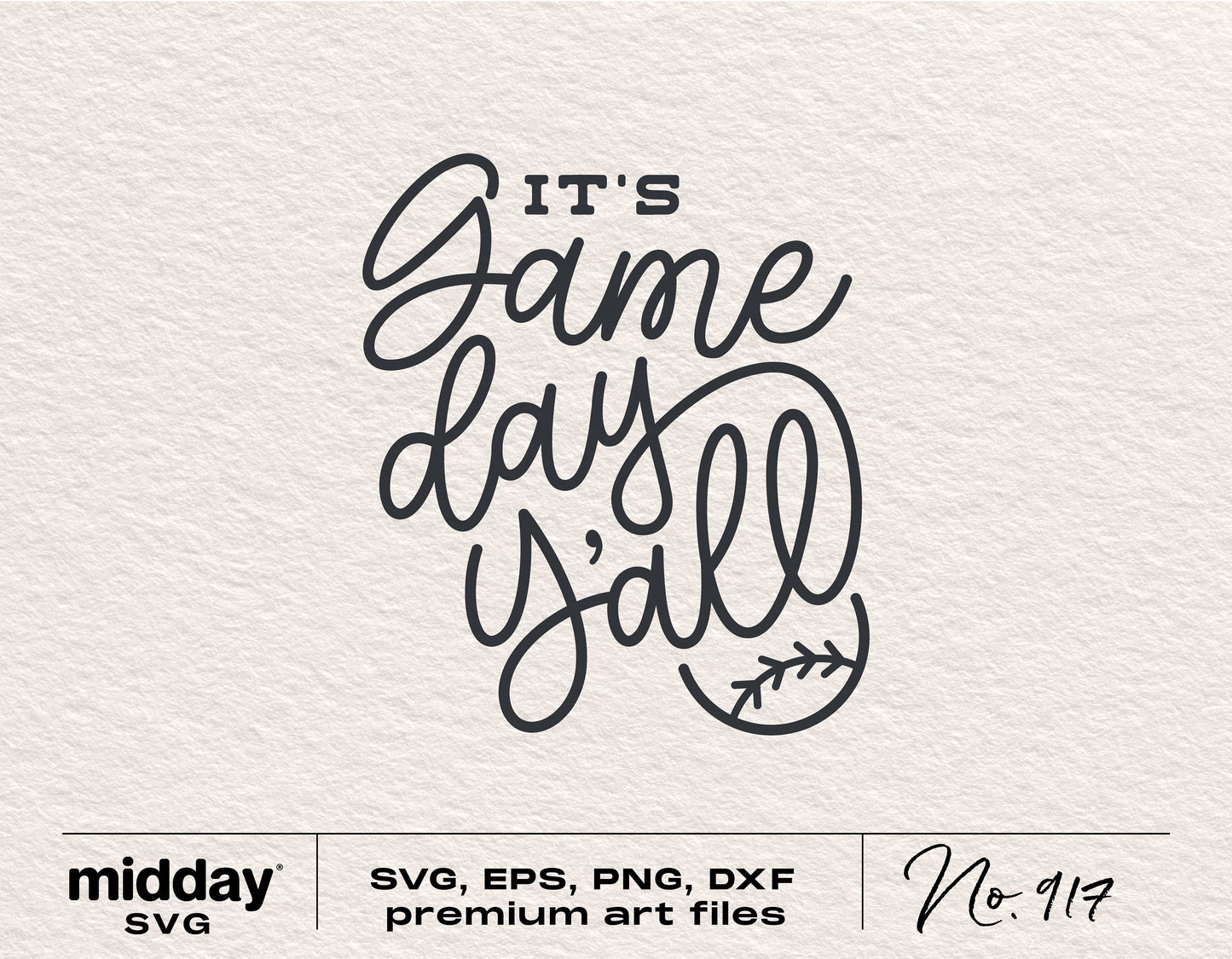 Digital design reading 'It's Game Day Y'all' with baseball stitches, available in SVG, PNG, EPS, and DXF formats for Cricut and Silhouette.