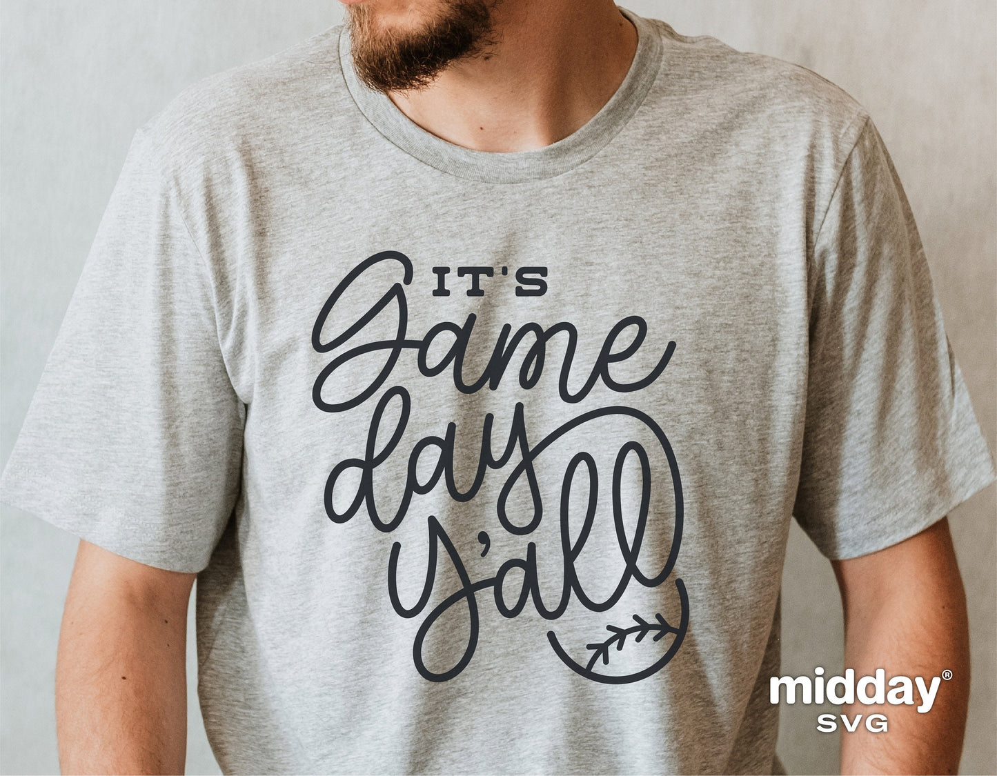 Gray t-shirt with 'It's Game Day Y'all' text and baseball graphic, ideal for baseball enthusiasts or moms, creative Cricut and Silhouette designs.
