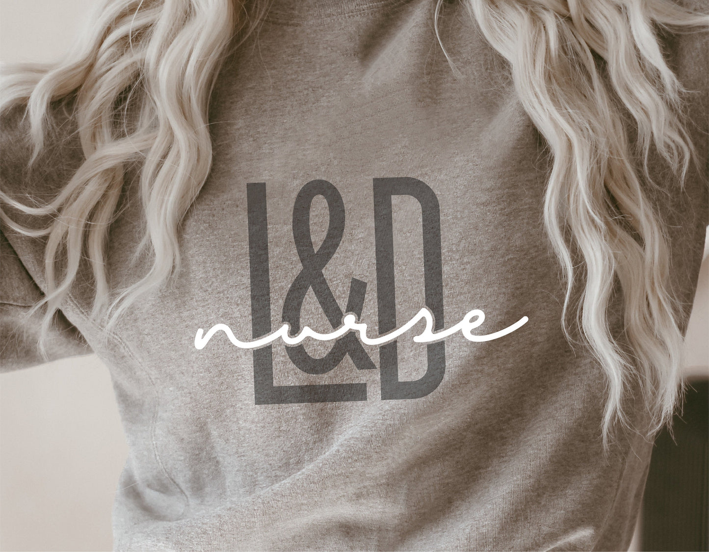 Gray L&D Nurse shirt design with white script text, suitable for digital downloads and crafting projects.