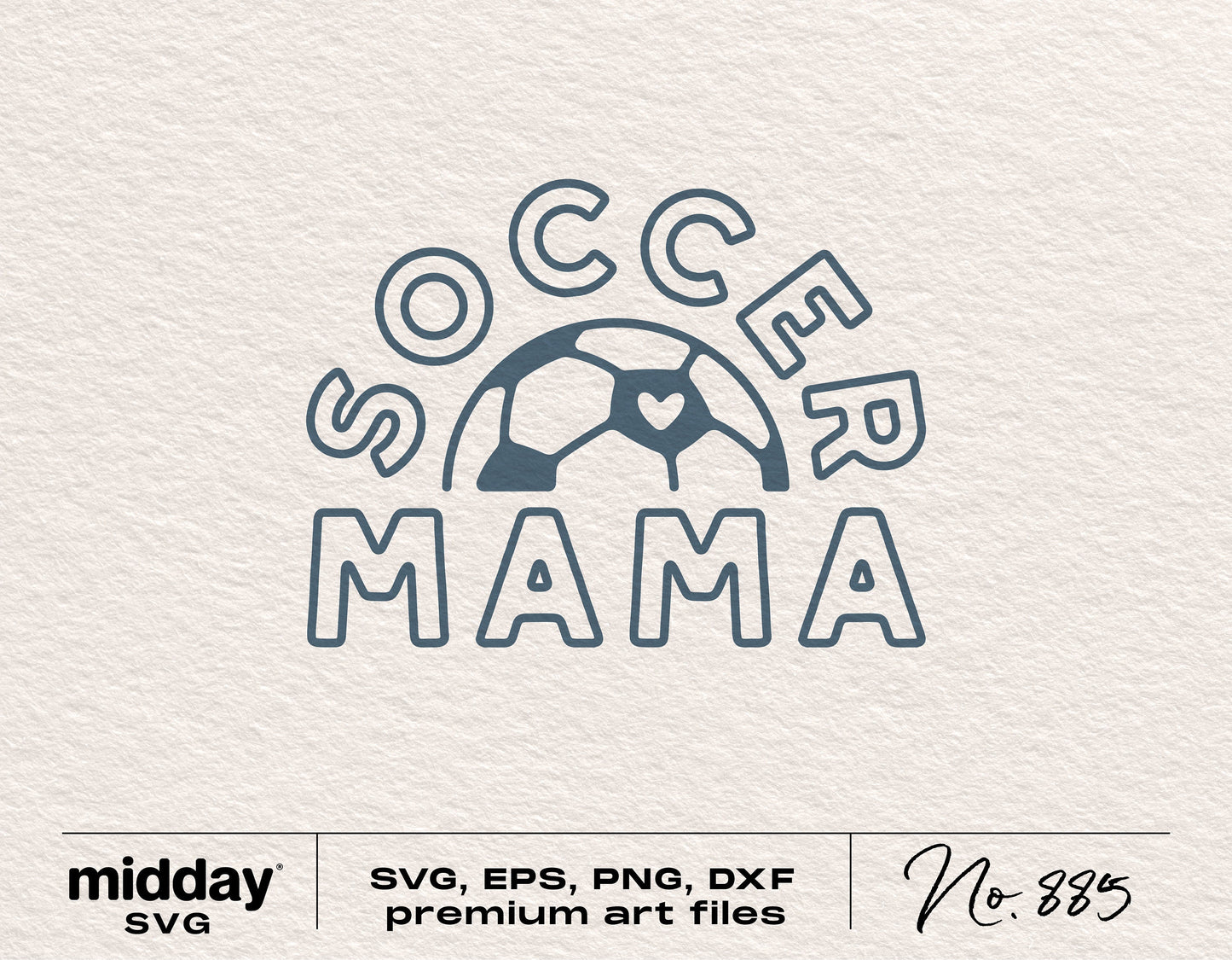 Soccer Mama SVG design featuring a soccer ball with heart, ideal for Cricut and Silhouette. Includes SVG, EPS, PNG, DXF formats.