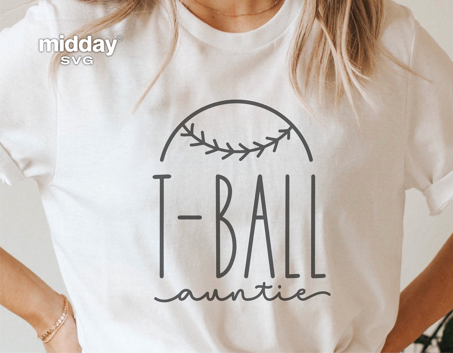 Woman wearing a T-Ball Auntie shirt with baseball design, ideal for Cricut and Silhouette Crafting