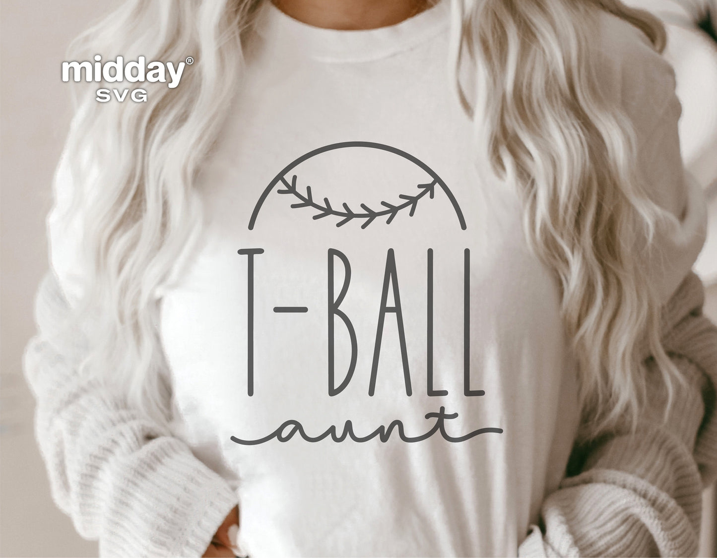 Woman wearing T-Ball Aunt shirt with baseball design, ideal for Cricut and Silhouette projects.