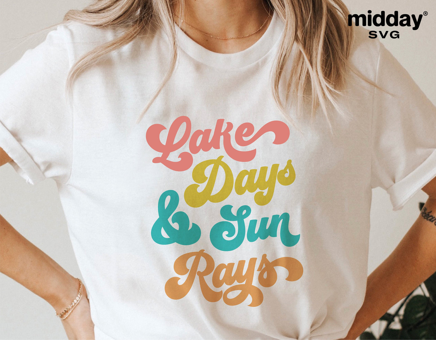 White t-shirt with colorful 'Lake Days & Sun Rays' text, ideal for lake house decor, camping, and Cricut or Silhouette projects.