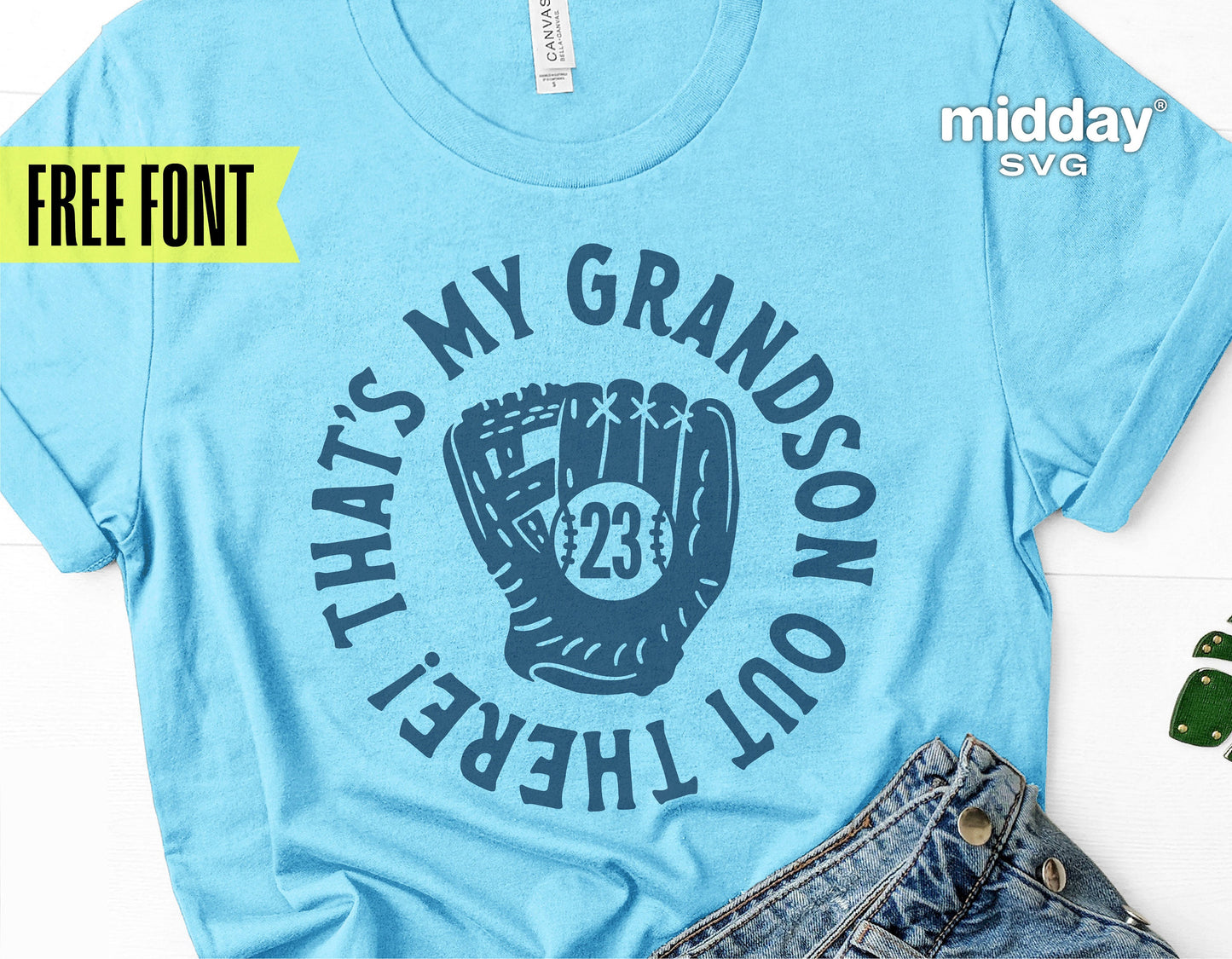 Blue t-shirt with 'That's My Grandson Out There' baseball design featuring a glove, ideal for Cricut and Silhouette crafts.