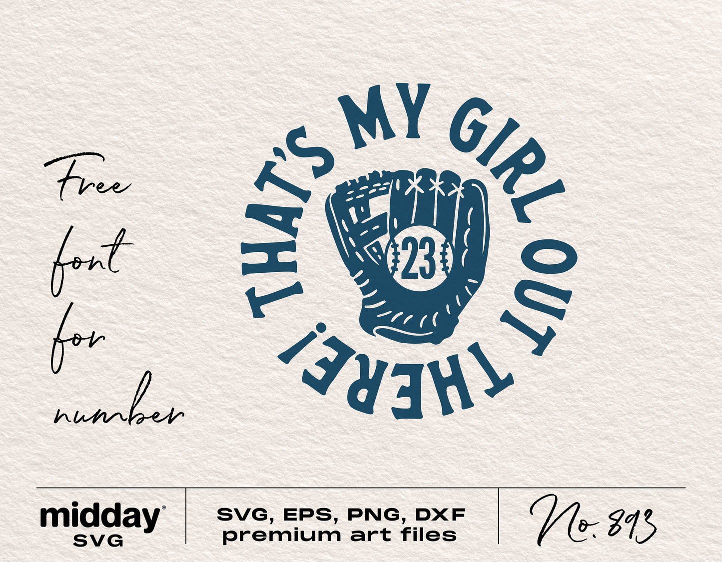 Softball Mom SVG design with 'That's My Girl Out There' text and glove graphic, includes free font for numbers.