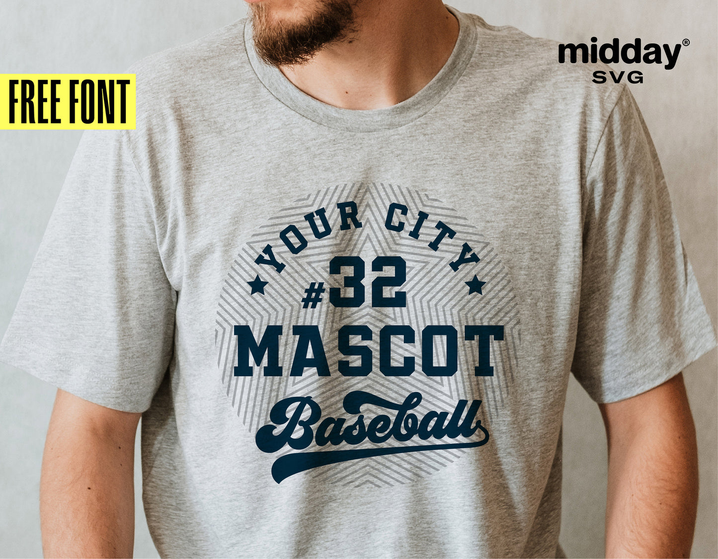 Gray baseball shirt with customizable team design and free font, showcasing the text 'Your City #32 Mascot Baseball', ideal for SVG projects.