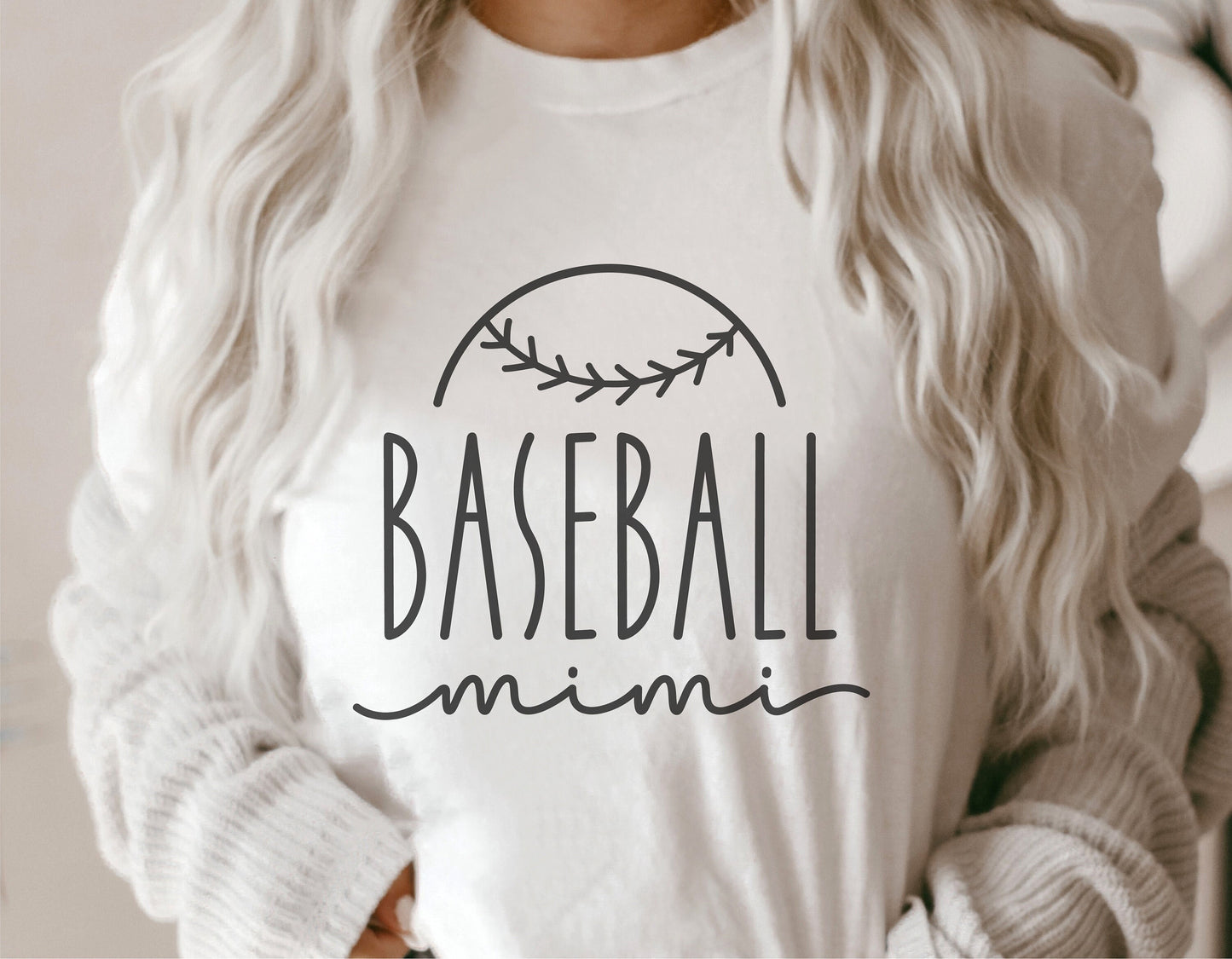 White t-shirt with 'Baseball Mimi' graphic design, perfect for Cricut and Silhouette projects, featuring sports-themed apparel.