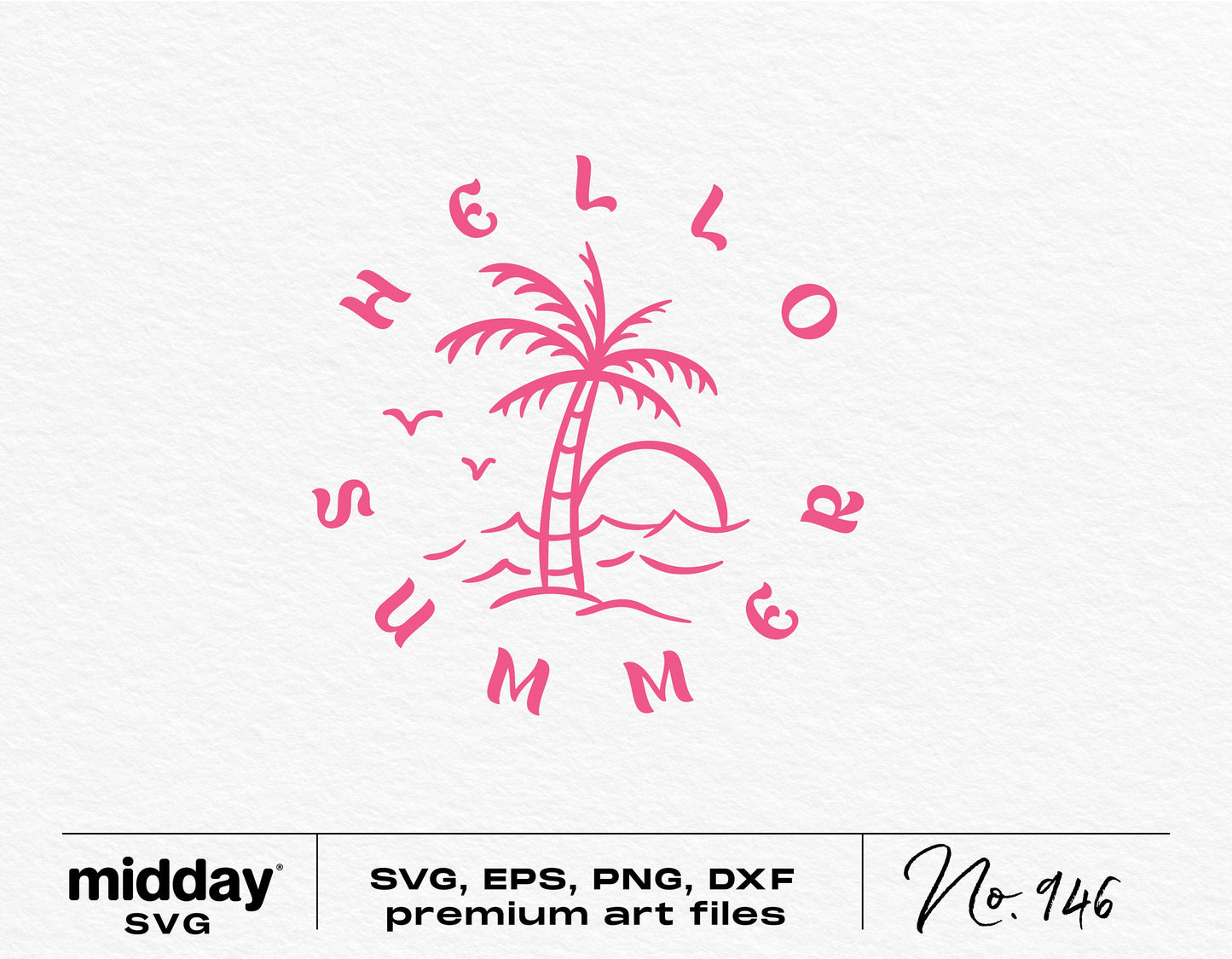 Hello Summer pink palm tree vector design, available in SVG, EPS, PNG, DXF formats for Cricut and Silhouette.