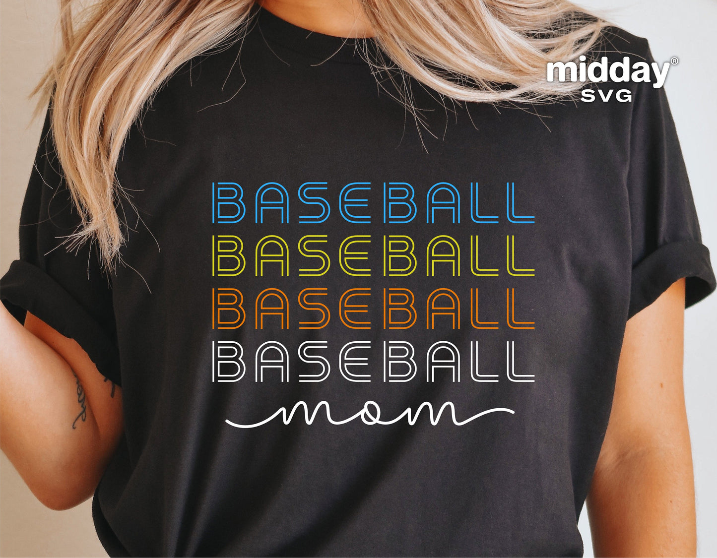 Black t-shirt with colorful 'Baseball Mom' design in SVG format, ideal for crafting projects with Cricut and Silhouette.