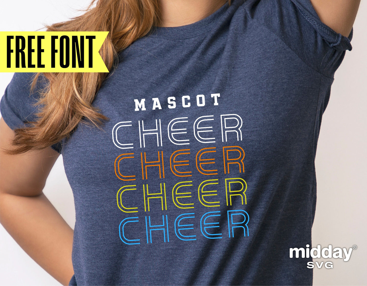 Woman wearing blue shirt with 'MASCOT CHEER' text, showcasing Retro Cheer SVG design, suitable for Cricut and Silhouette projects.