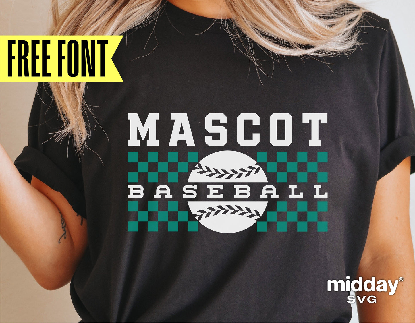 Black T-shirt with checkered baseball team SVG design featuring 'Mascot Baseball' text, suitable for Cricut and Silhouette.