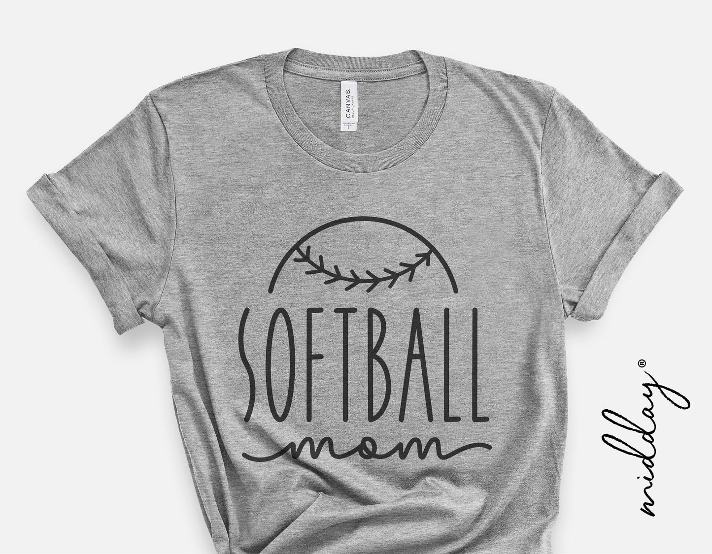 Gray t-shirt with 'Softball Mom' design, featuring a softball graphic above the text, ideal for sports fans and Mother's Day gifts.