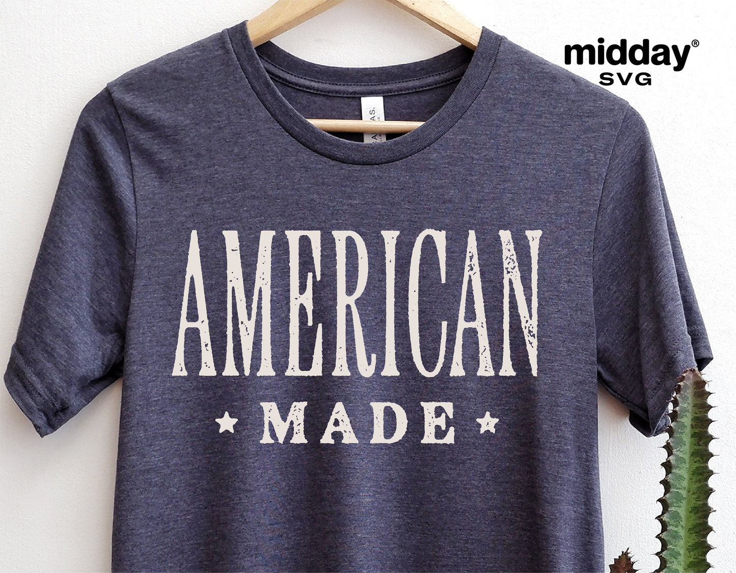 American Made t-shirt with patriotic design, suitable for 4th of July outfits, shown on a hanger for Cricut and Silhouette projects.