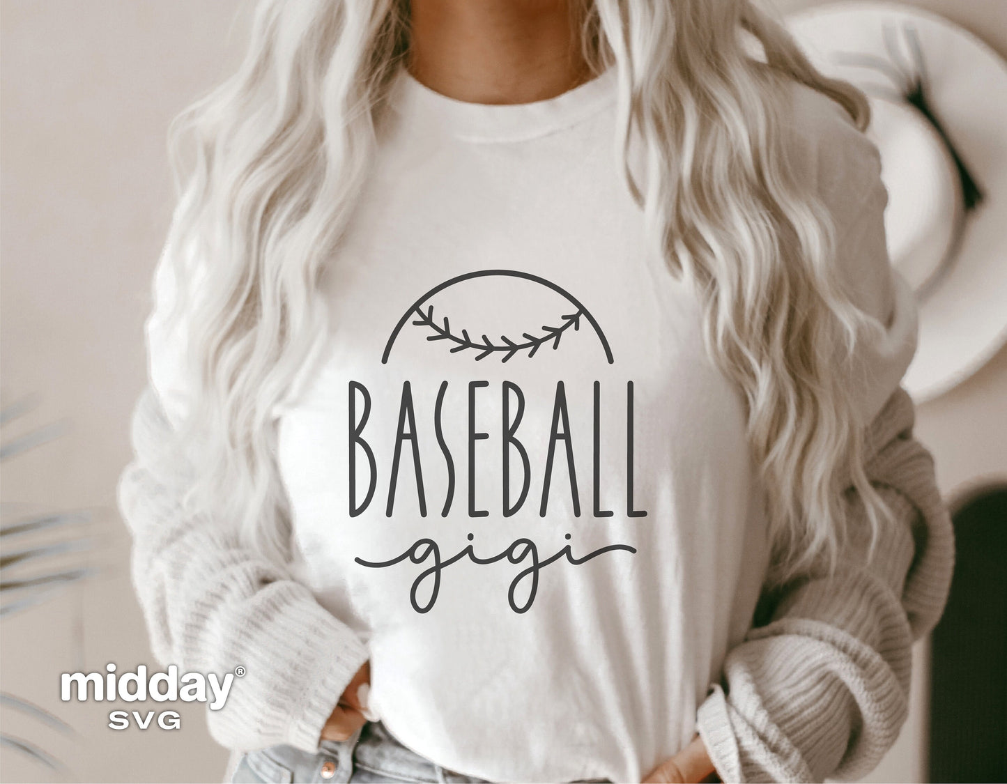 Woman wearing a white t-shirt with 'Baseball Gigi' design, suitable for Cricut and Silhouette projects, ideal for baseball grandmas.