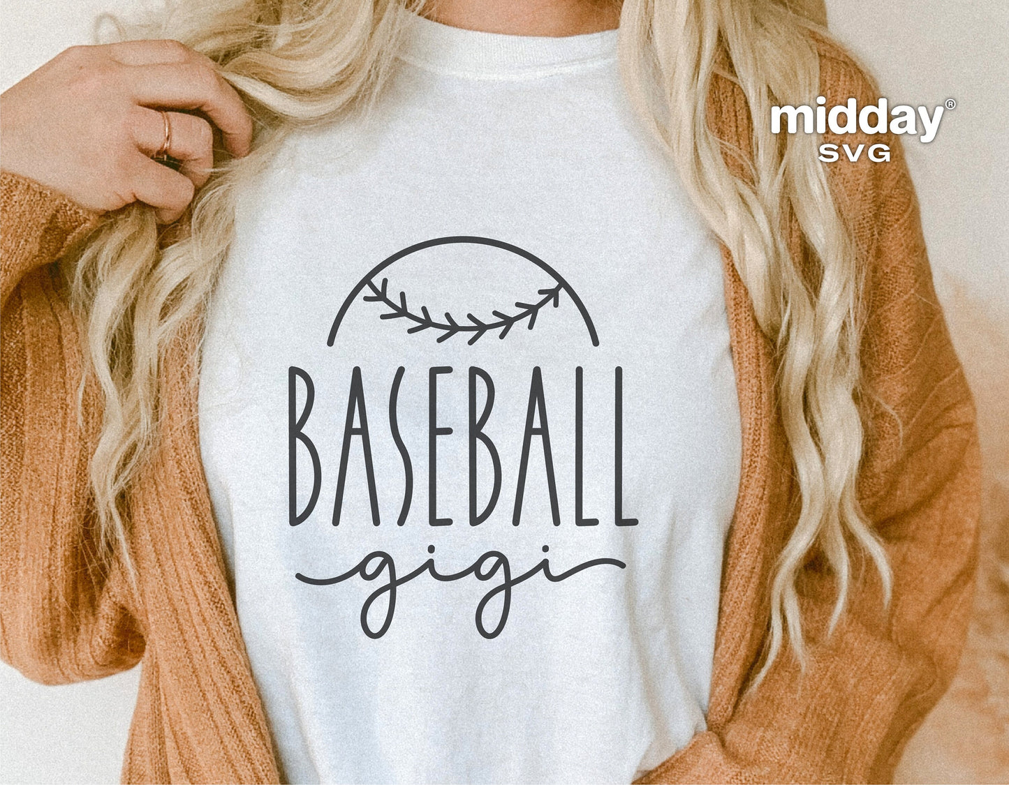 Woman wearing 'Baseball Gigi' shirt, perfect for grandmothers who love baseball, available as Cricut and Silhouette cut files.