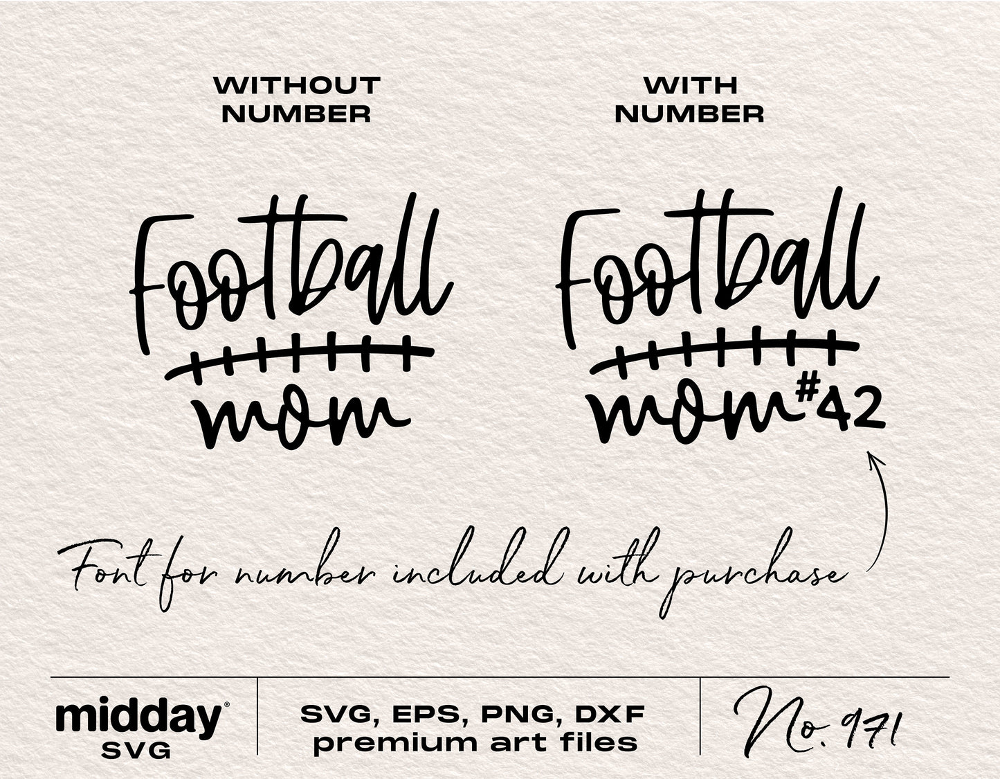 Football Mom SVG design with and without number for shirts, tumblers, and bags. Includes SVG, EPS, PNG, DXF formats for Cricut, Silhouette.