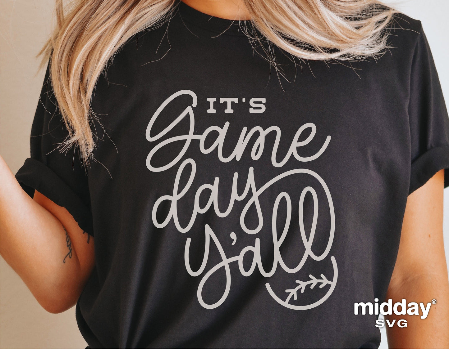 Black shirt with "It's Game Day Y'all" printed in white script, featuring a baseball theme, perfect for baseball moms and game day apparel.
