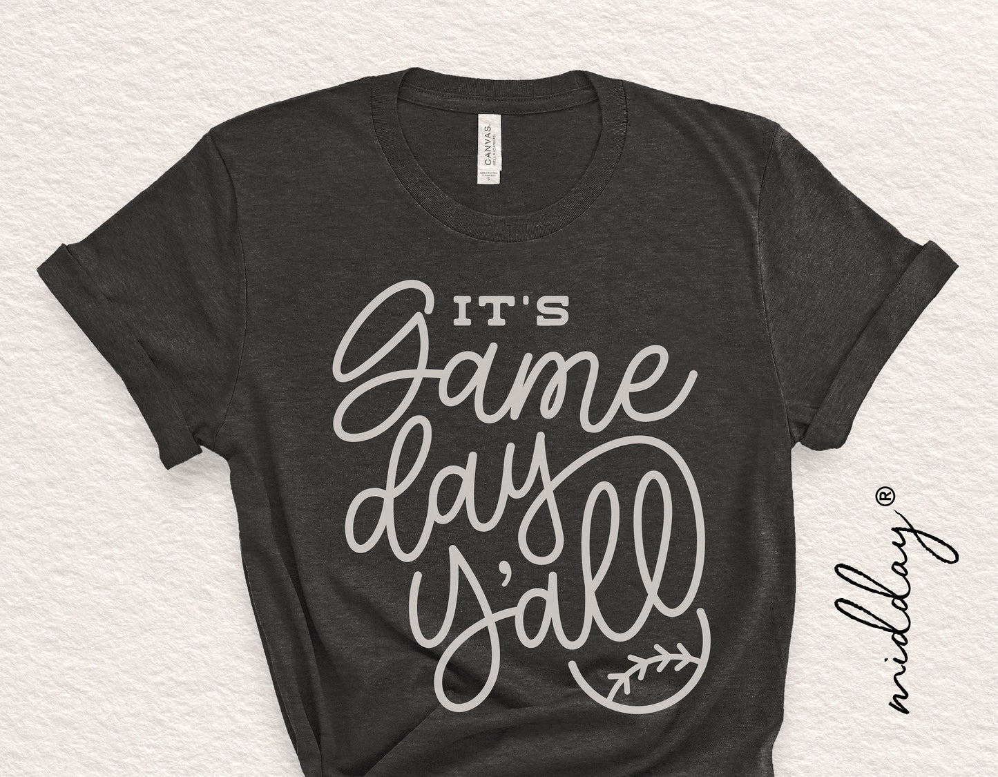 Black t-shirt with 'It's Game Day Y'all' text in white, featuring a baseball design.