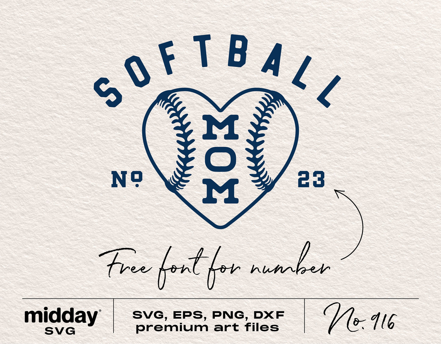 Softball Mom design in navy with heart shape and free numbers font, includes SVG, EPS, PNG, DXF files, perfect for Cricut and Silhouette projects.