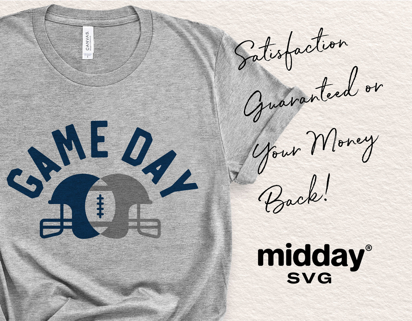Gray t-shirt with Game Day football helmet design, offering satisfaction guarantee, midday SVG logo.