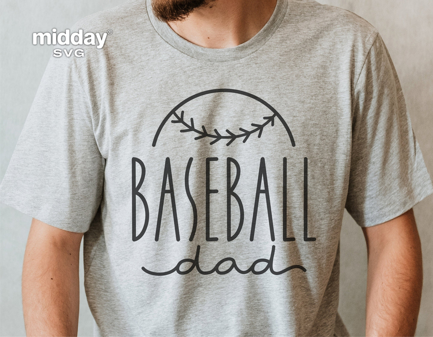 Grey t-shirt featuring 'Baseball Dad' design, perfect for Cricut and Silhouette cutting machines, ideal for personalized shirts and gifts.
