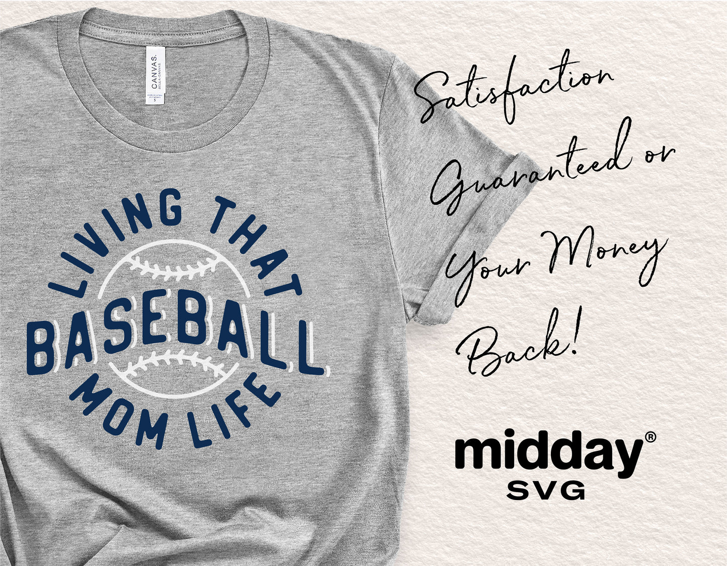Gray t-shirt with 'Living That Baseball Mom Life' design, perfect for Cricut and Silhouette projects. Includes SVG, PNG, DXF, EPS formats.