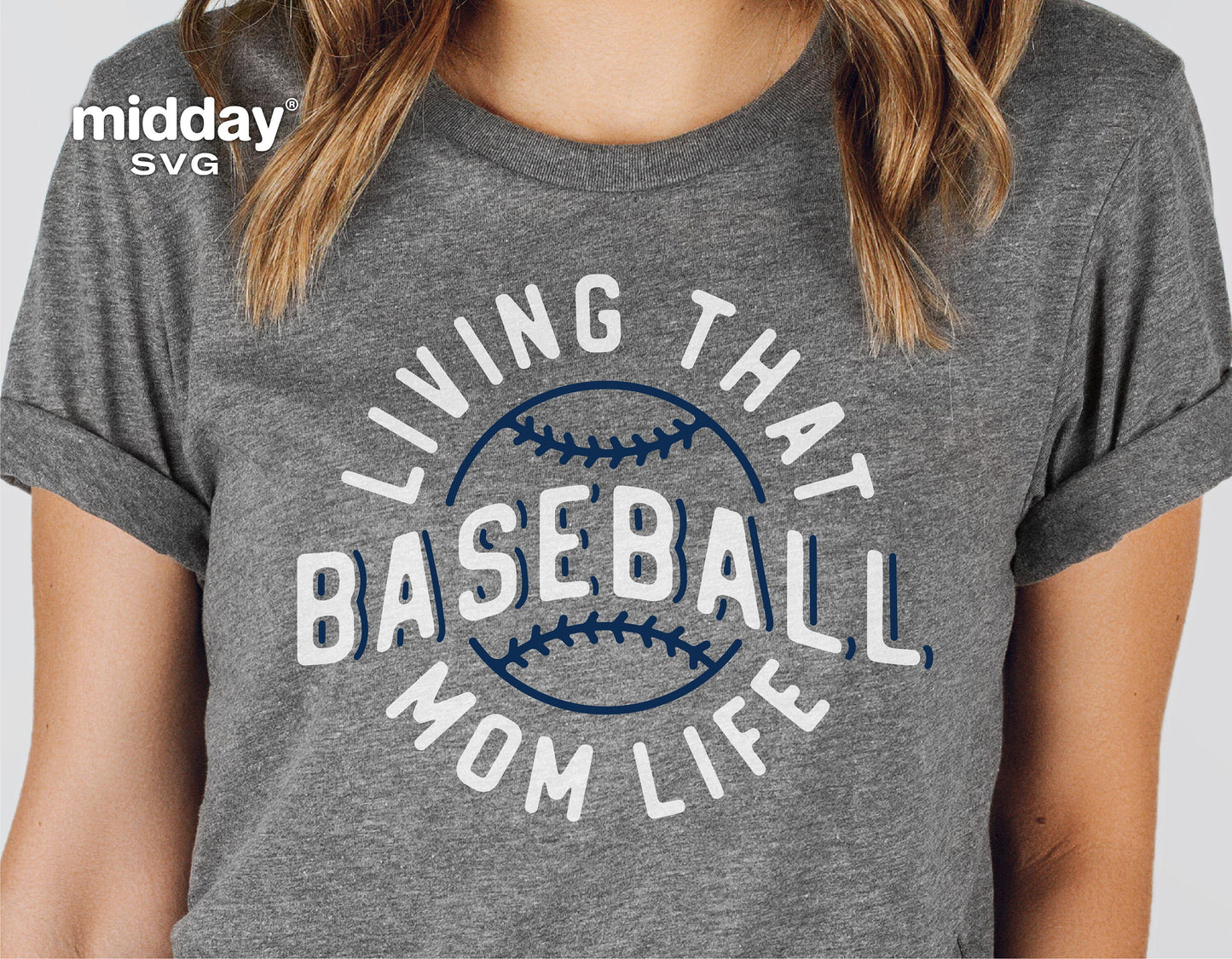 Gray t-shirt with 'Living That Baseball Mom Life' design for Cricut and Silhouette projects, perfect for baseball moms.