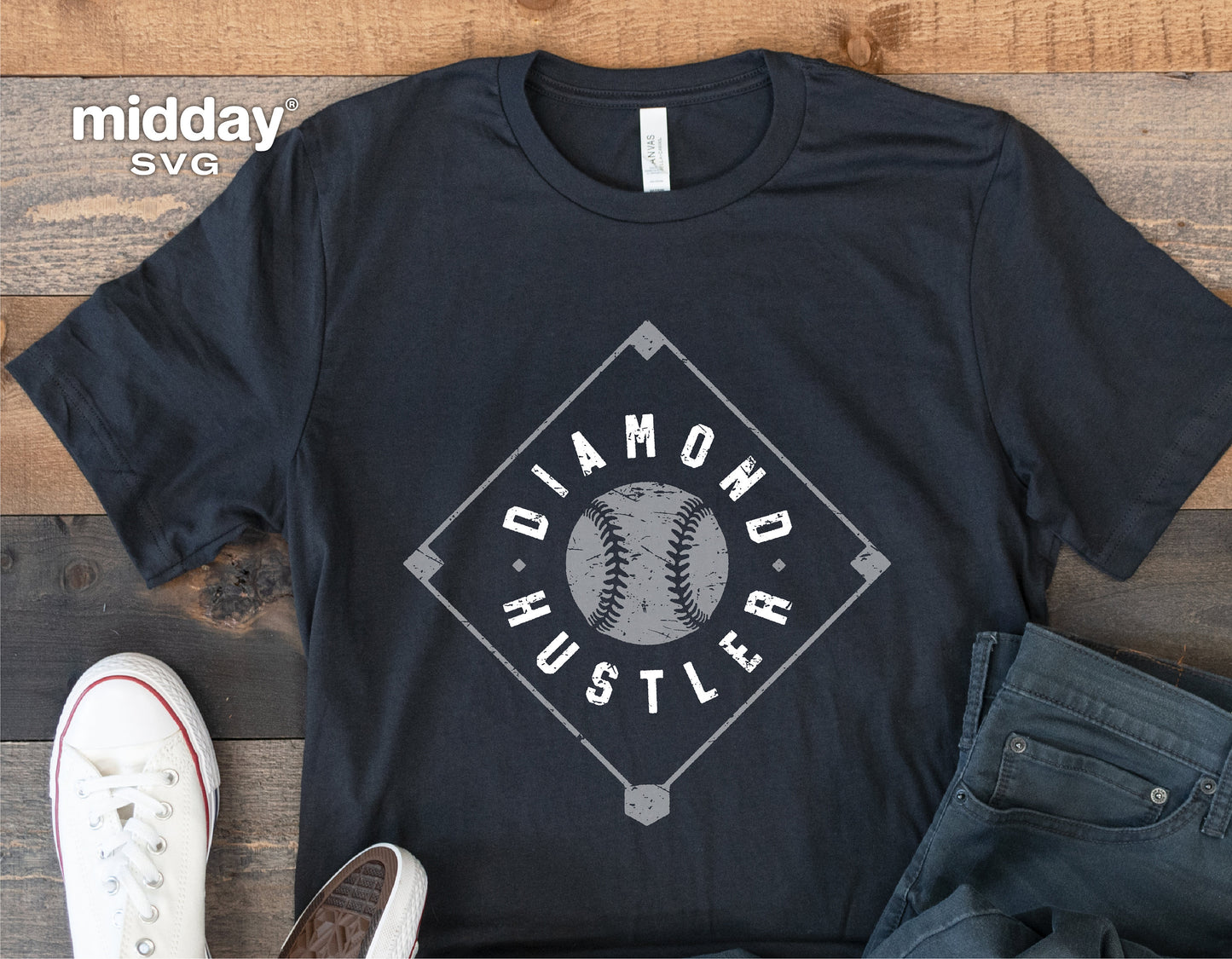 Black t-shirt with 'Diamond Hustler' baseball design, ideal for Cricut and Silhouette projects, perfect for baseball players.