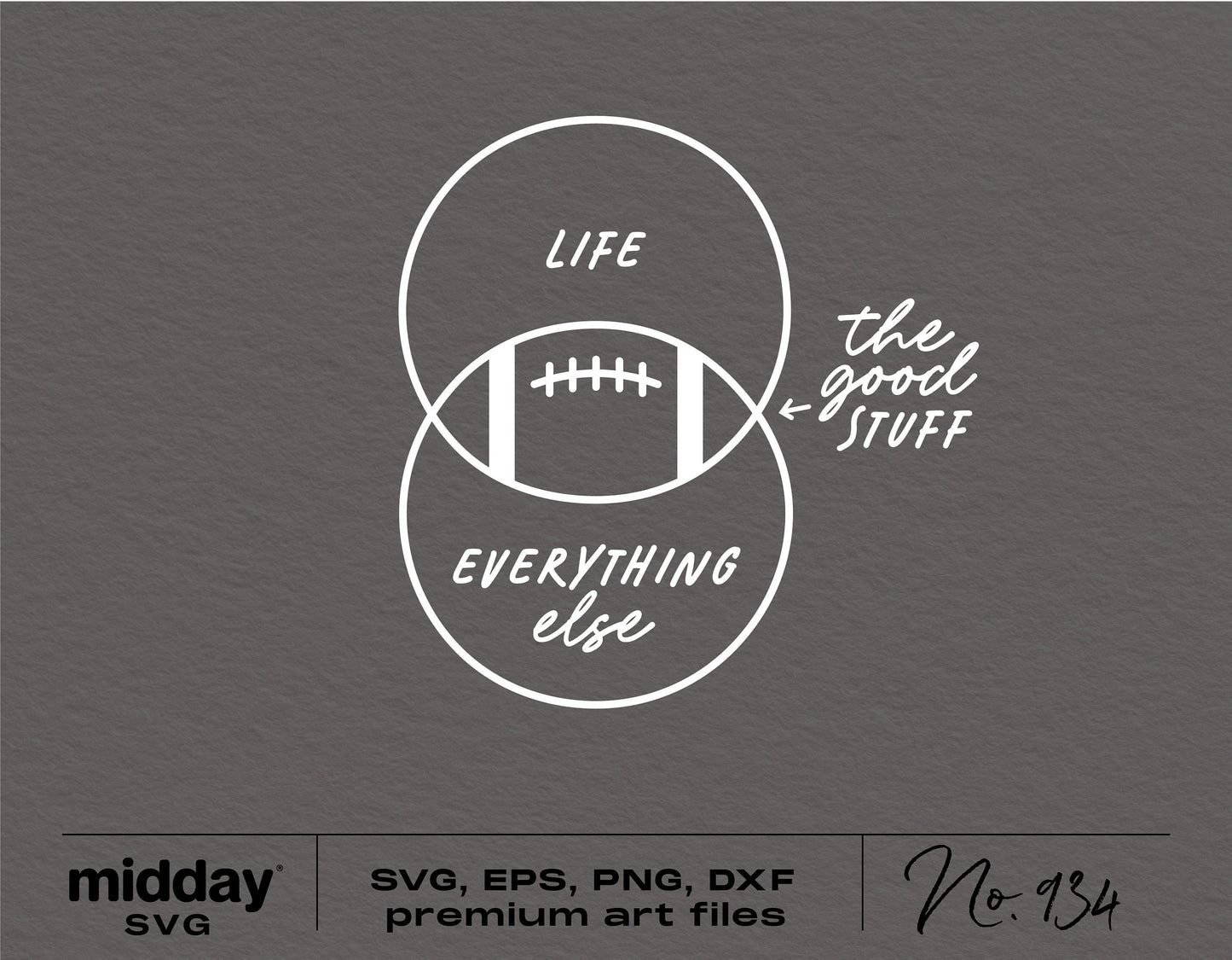 Funny football SVG design with Venn diagram, "Life" and "Everything Else" intersecting over a football graphic, includes "The Good Stuff."