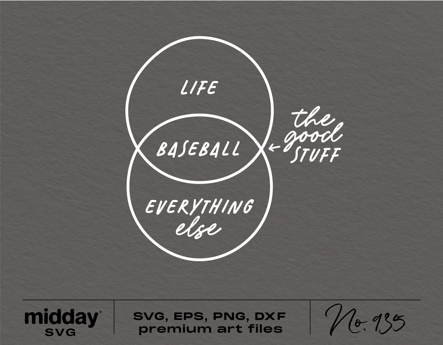 Funny baseball Venn diagram design, featuring 'Life,' 'Baseball,' and 'Everything Else,' highlighting 'The Good Stuff' within baseball.
