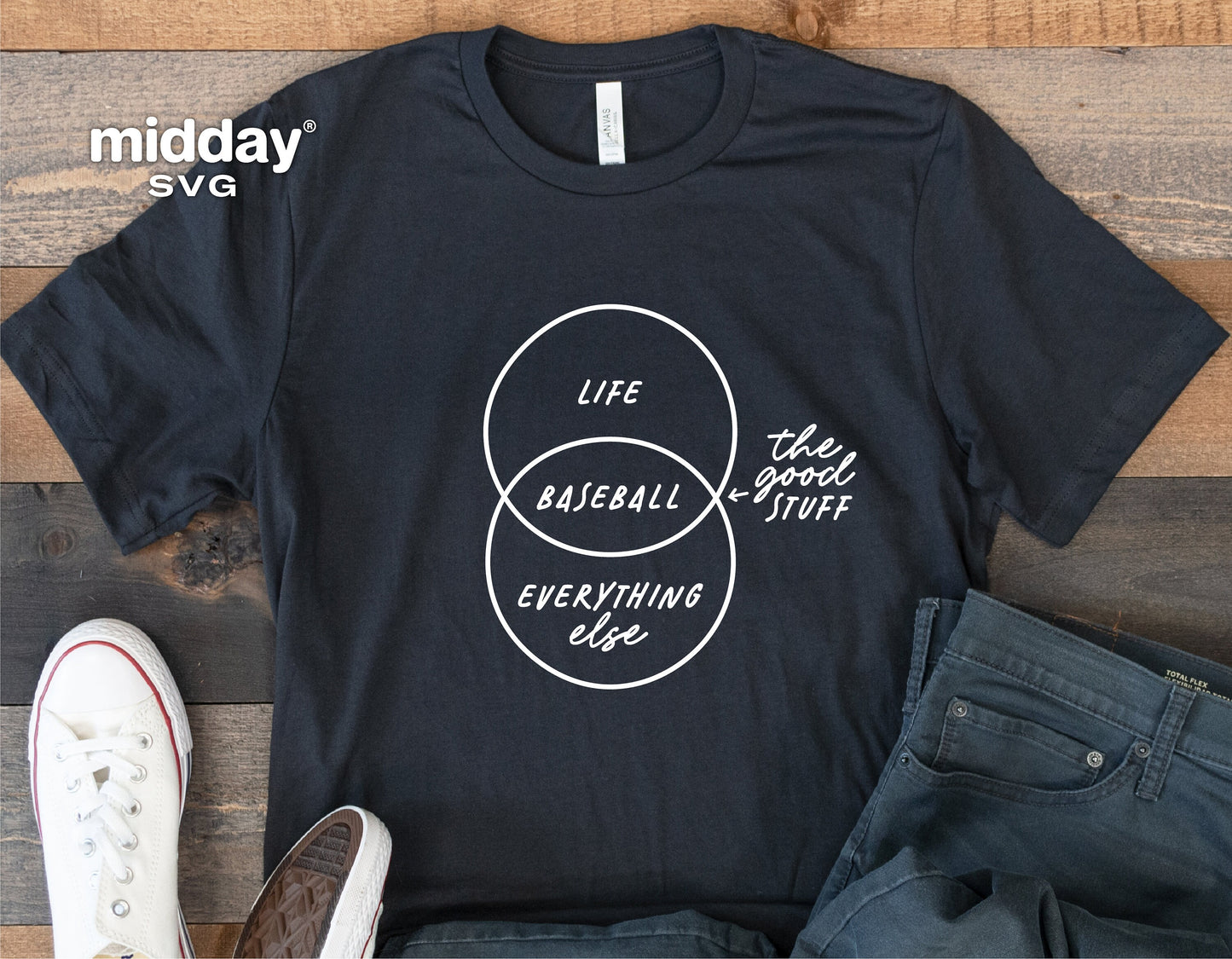 Black t-shirt with a white Venn diagram labeled 'Life,' 'Baseball,' 'Everything Else' with 'the good stuff' in the intersection, casual style.