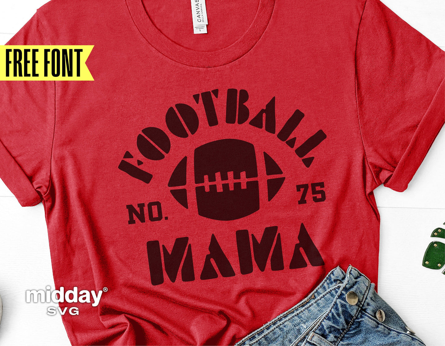 Red t-shirt featuring "Football Mama" design with a football graphic and number 75, ideal for Cricut and Silhouette projects.