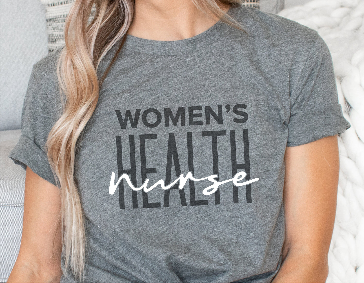 Gray t-shirt with the text 'Women's Health Nurse' worn by a person, ideal for nurses, available as SVG, PNG for Cricut, Silhouette.