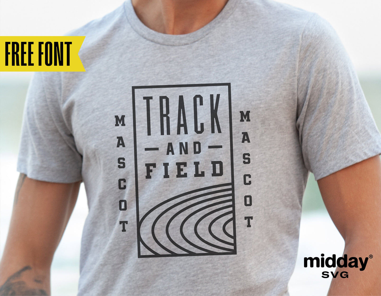 Gray shirt with track and field logo design, free customizable SVG for Cricut and Silhouette, featuring "Mascot" text. Perfect for sports teams.