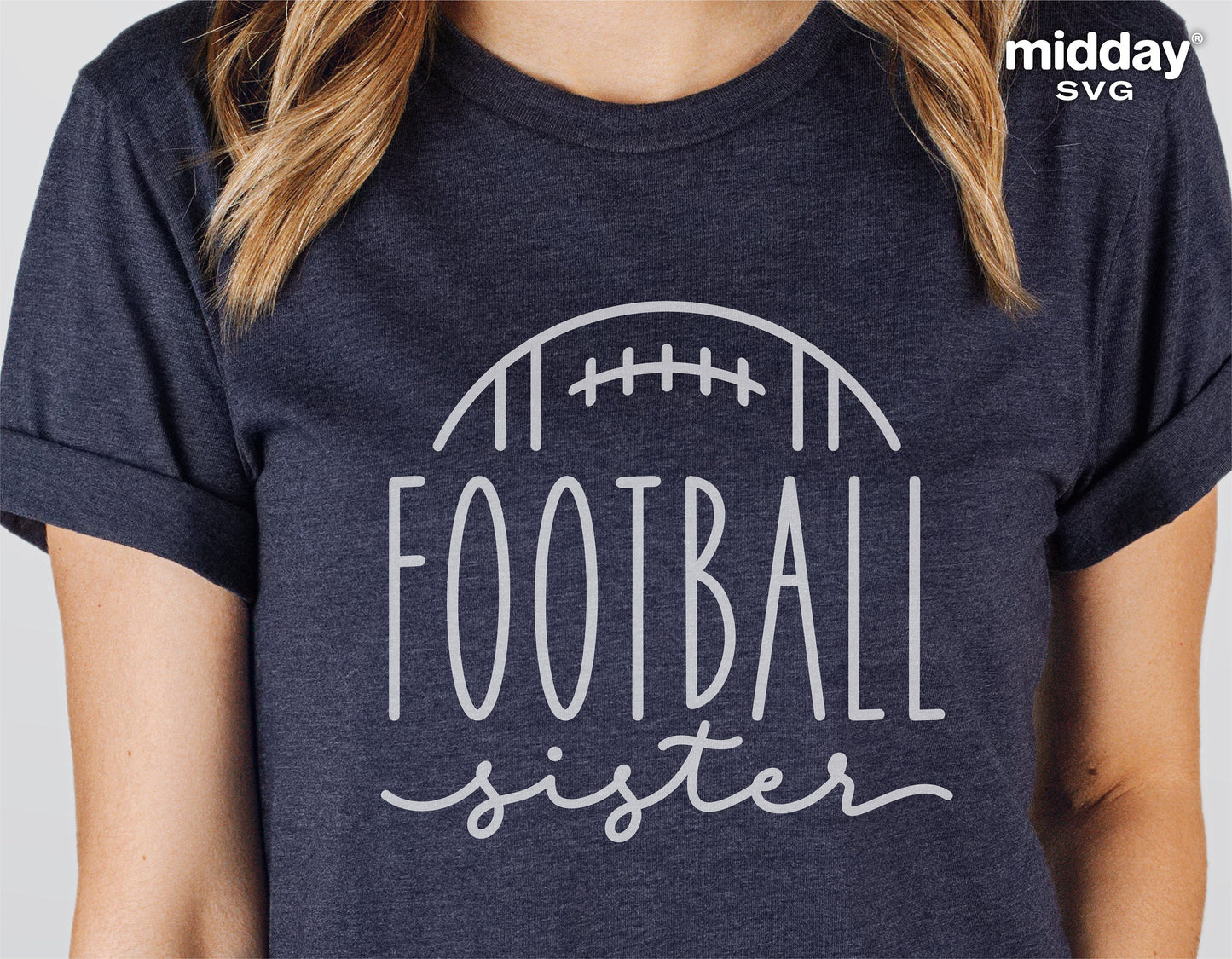 Woman wearing a t-shirt with 'Football Sister' design, ideal for Cricut and Silhouette crafts.