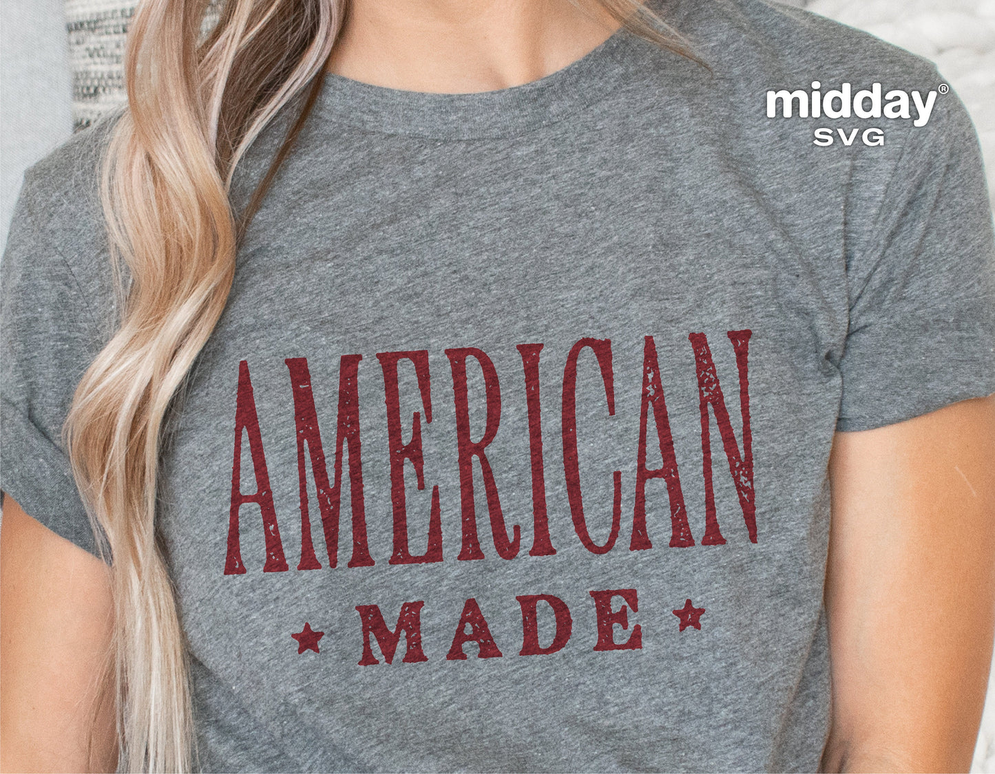 Gray t-shirt with 'American Made' text, suitable for 4th of July and patriotic events, features Cricut cut file designs.