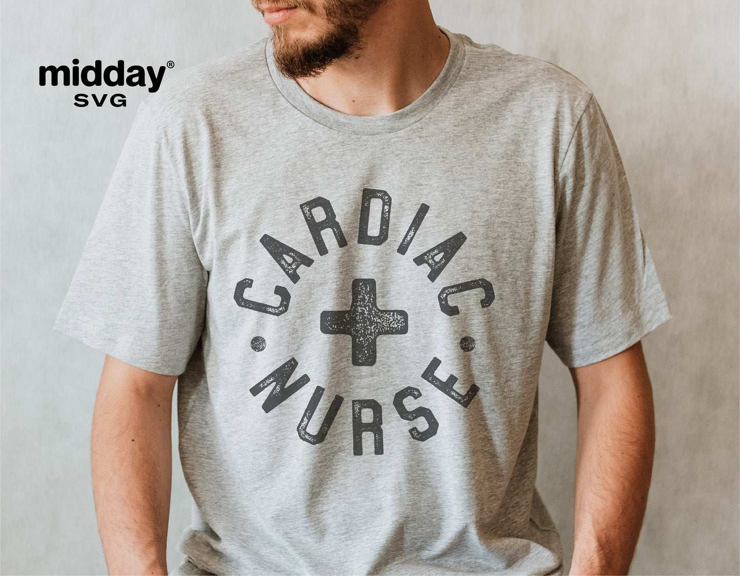 Gray t-shirt featuring 'Cardiac Nurse' text with medical cross, perfect for male nurses using SVG, PNG, EPS files for Cricut projects.