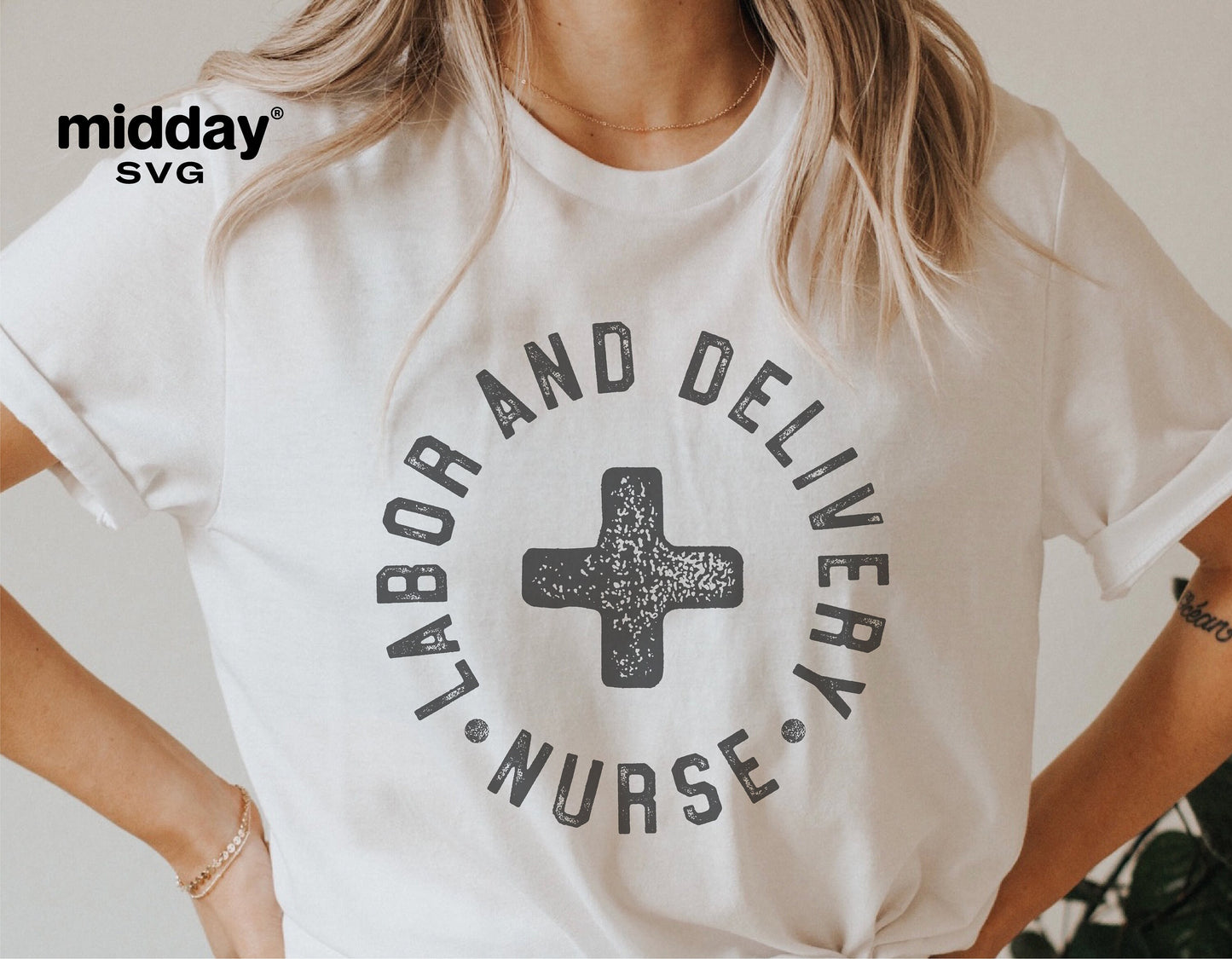 Labor and Delivery Nurse t-shirt with cross design, suitable for Cricut and Silhouette, perfect for badge reels and sublimation crafts.