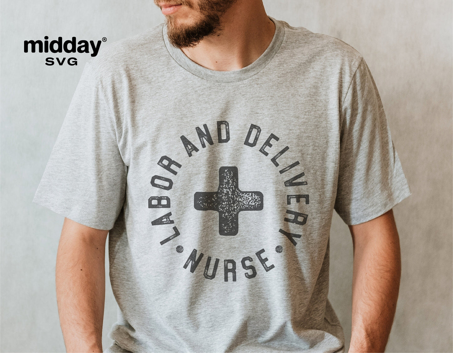 Gray T-shirt with Labor and Delivery Nurse design, perfect for badge reels, Cricut, and sublimation projects.