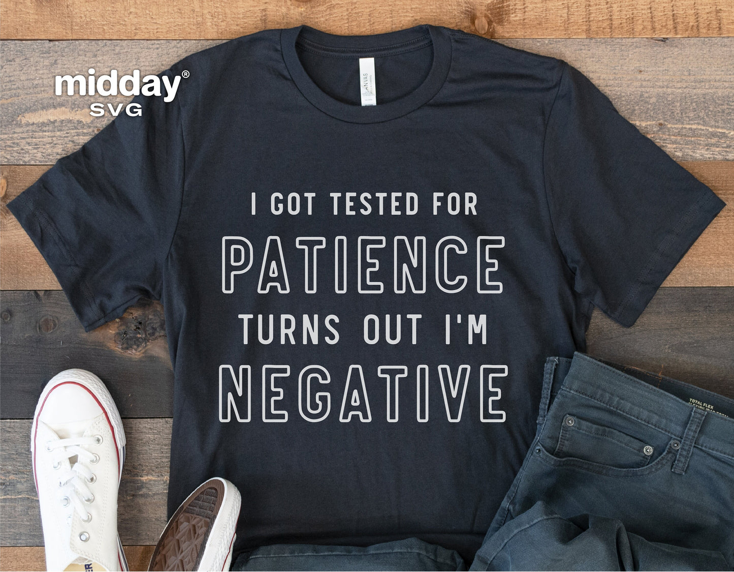 Funny teacher t-shirt with text 'I Got Tested for Patience Turns Out I'm Negative', sarcastic saying, casual fashion.