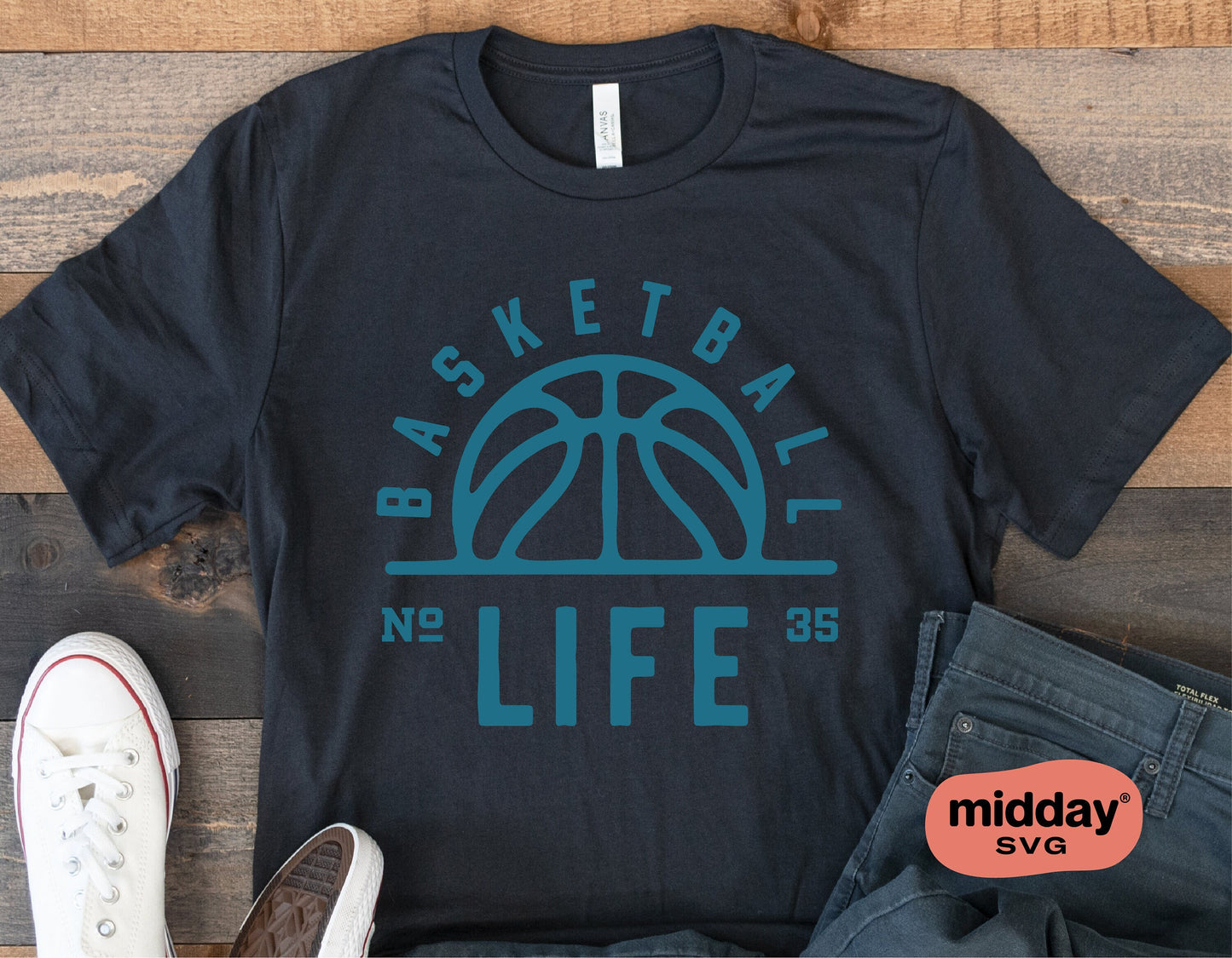 Black t-shirt with 'Basketball Life' design, featuring a sun-like basketball graphic and text mimicking sun's rays, ideal for sports fans.